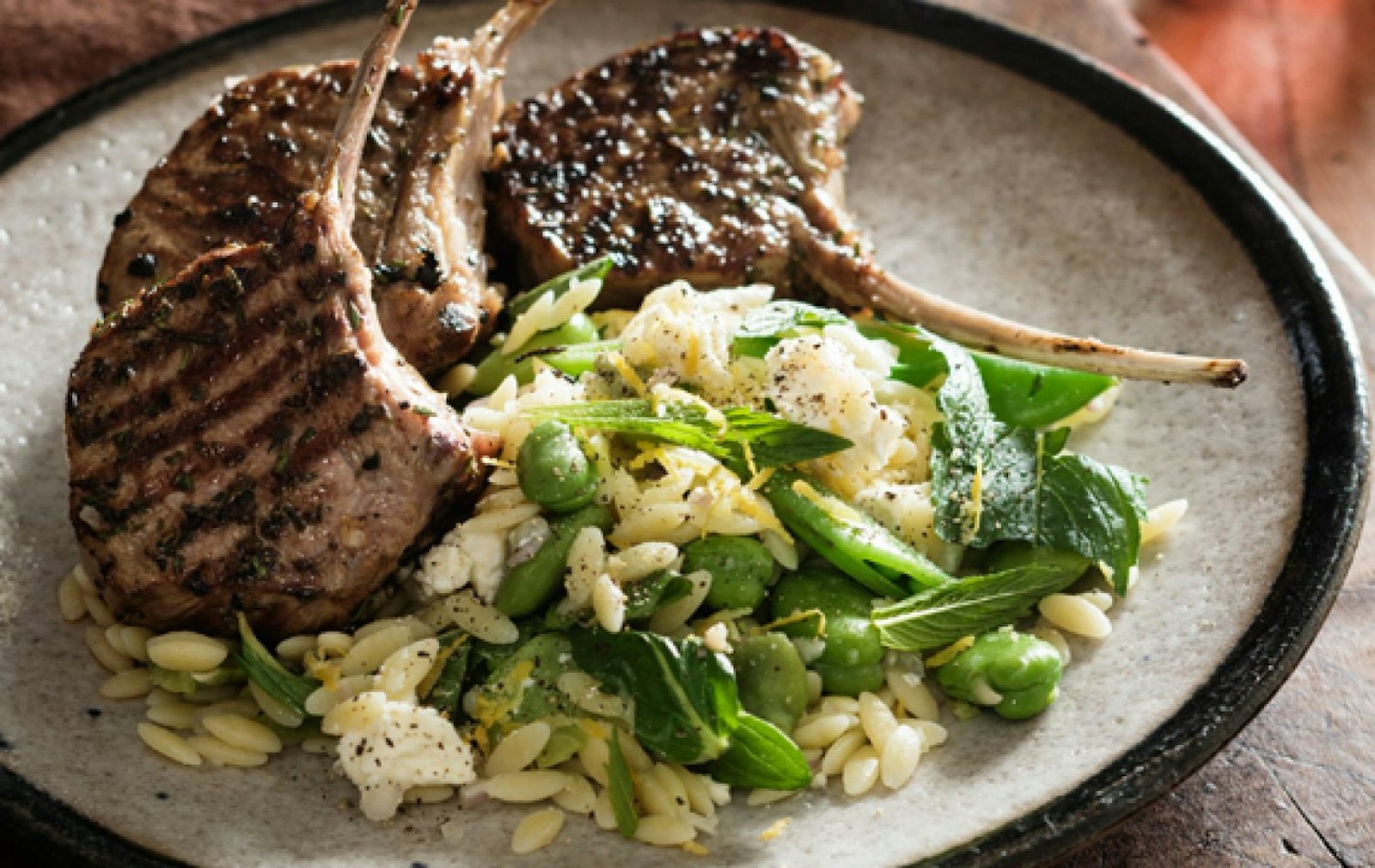 » Lamb cutlets with broad bean, feta and mint pasta salad