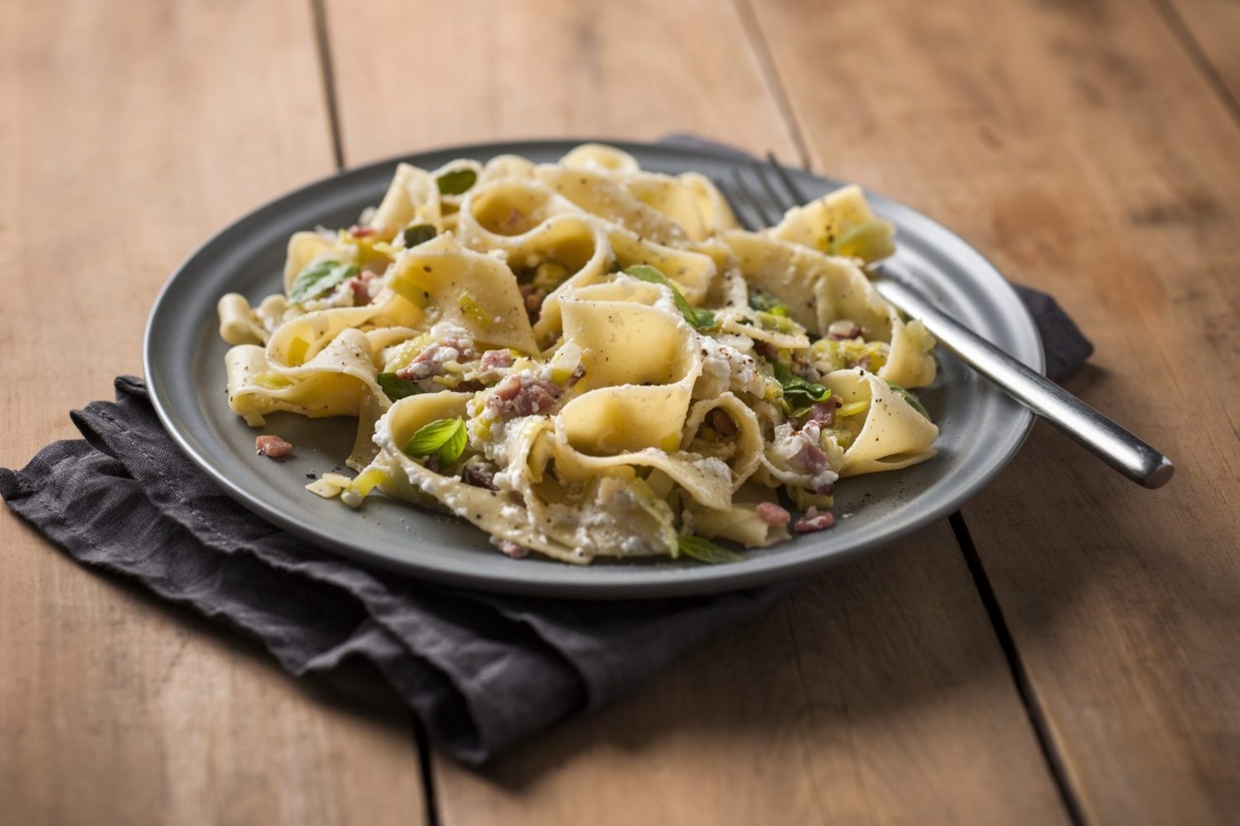 » Egg Pappardelle with Crispy Bacon & Leek