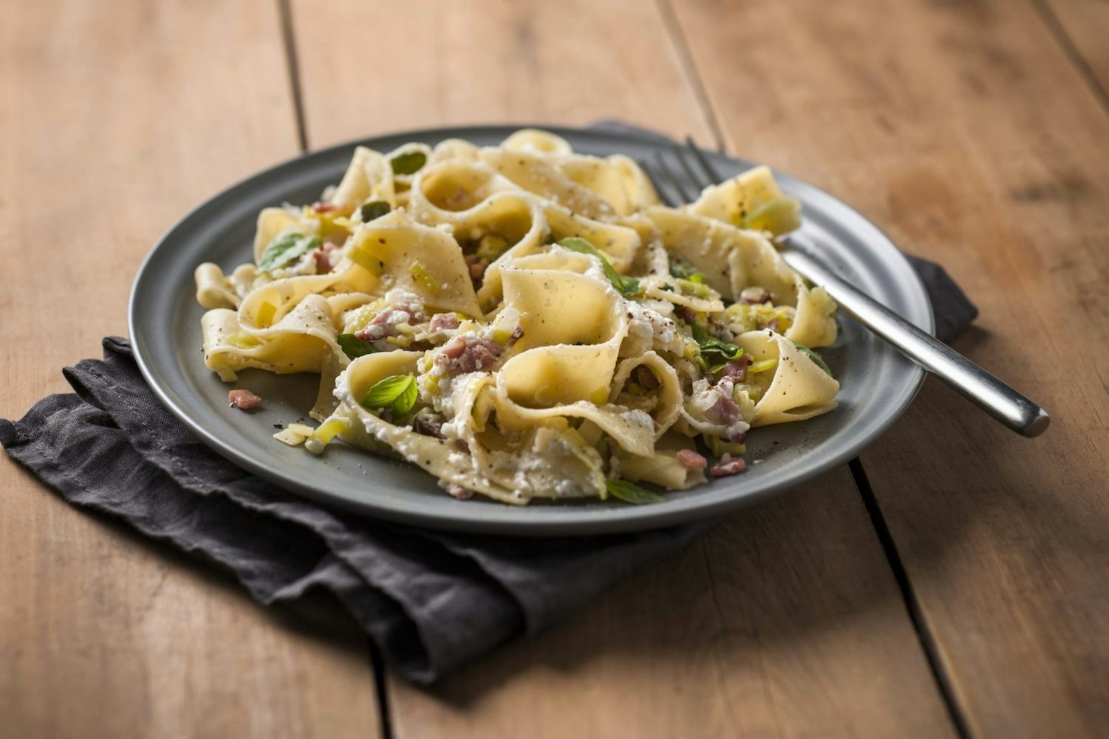 » Egg Pappardelle with Crispy Bacon & Leek