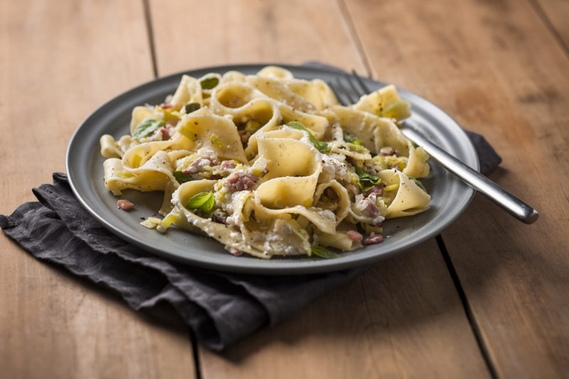 » Egg Pappardelle with Crispy Bacon & Leek