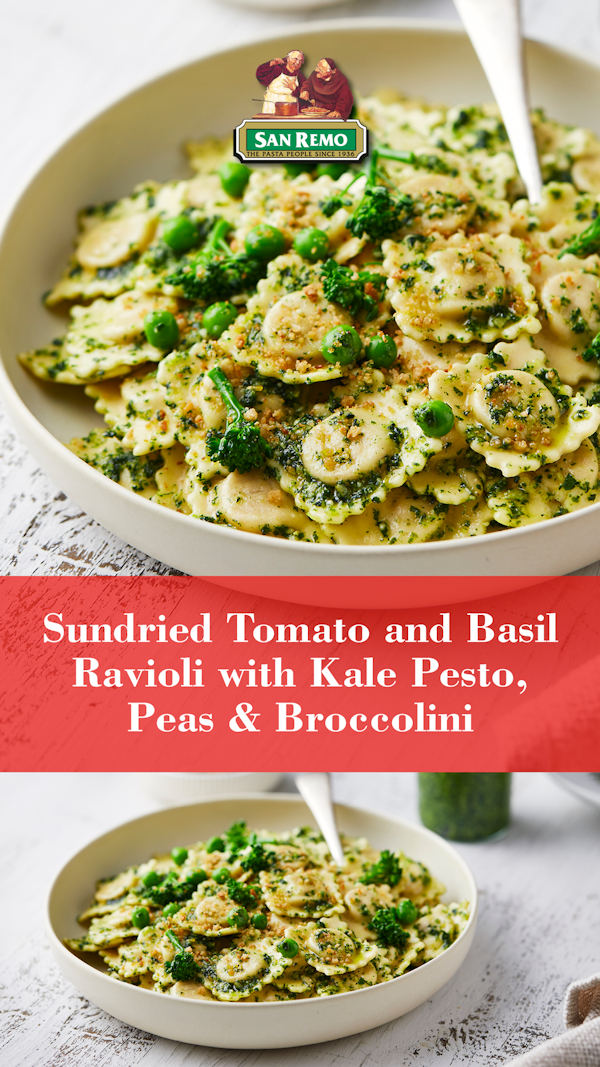 » Fresh Vegan Sundried Tomato & Basil Ravioli with Kale Pesto, Peas ...