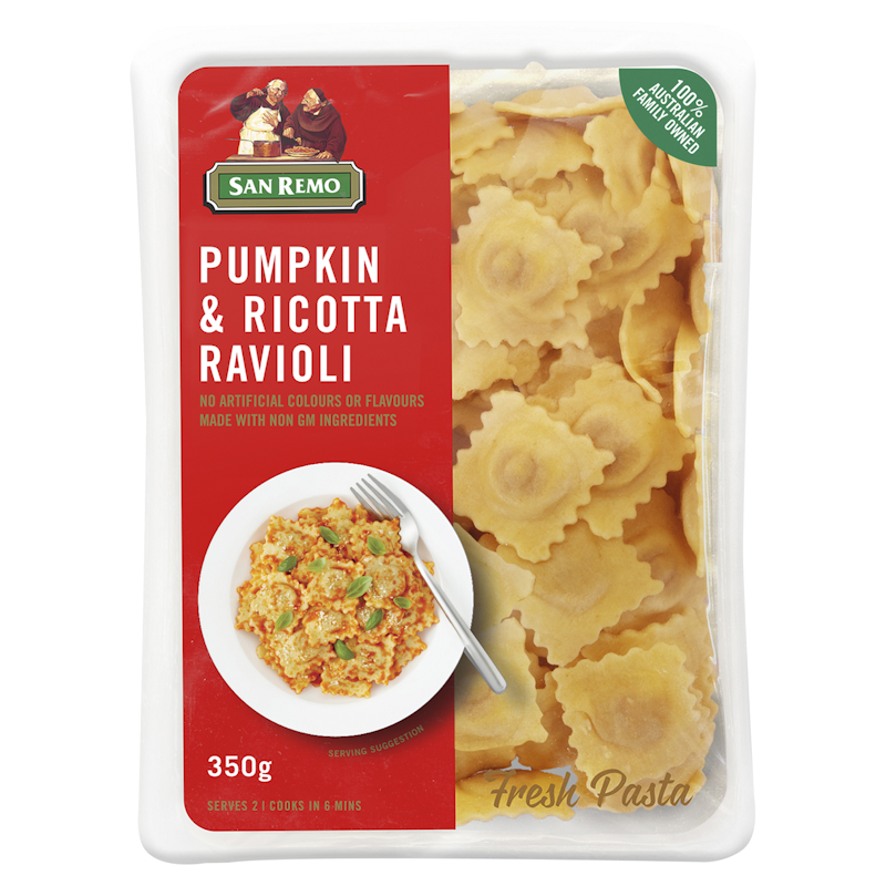 Pumpkin & Ricotta Ravioli with Lemon & Garlic Butter Sauce San Remo